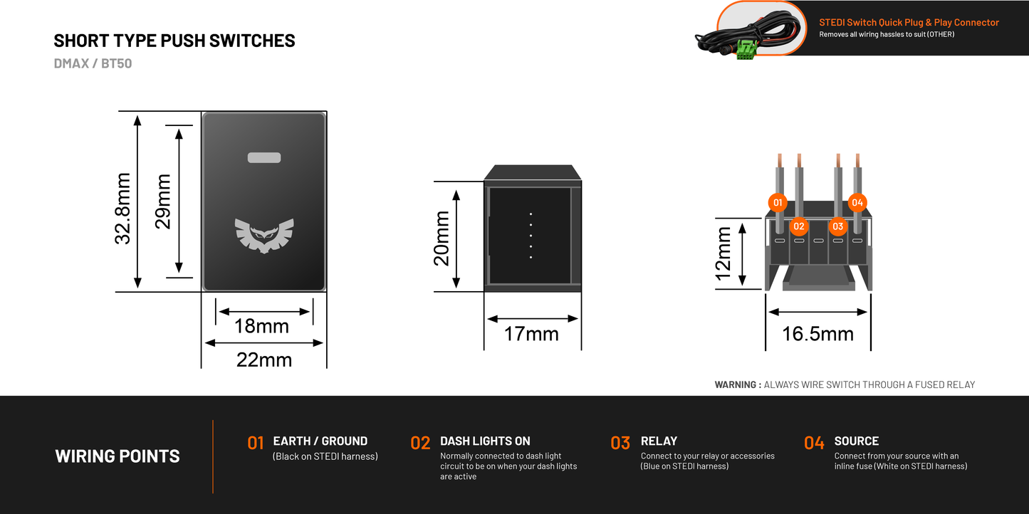 MAZDA BT50 / IZUSU D-MAX STEDI PUSH SWITCH | LIGHT BAR