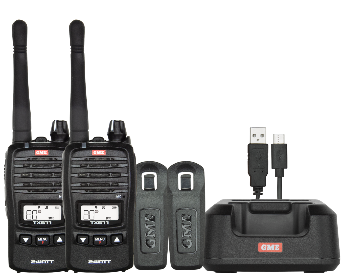 Two walkie-talkies with accessories on a white background