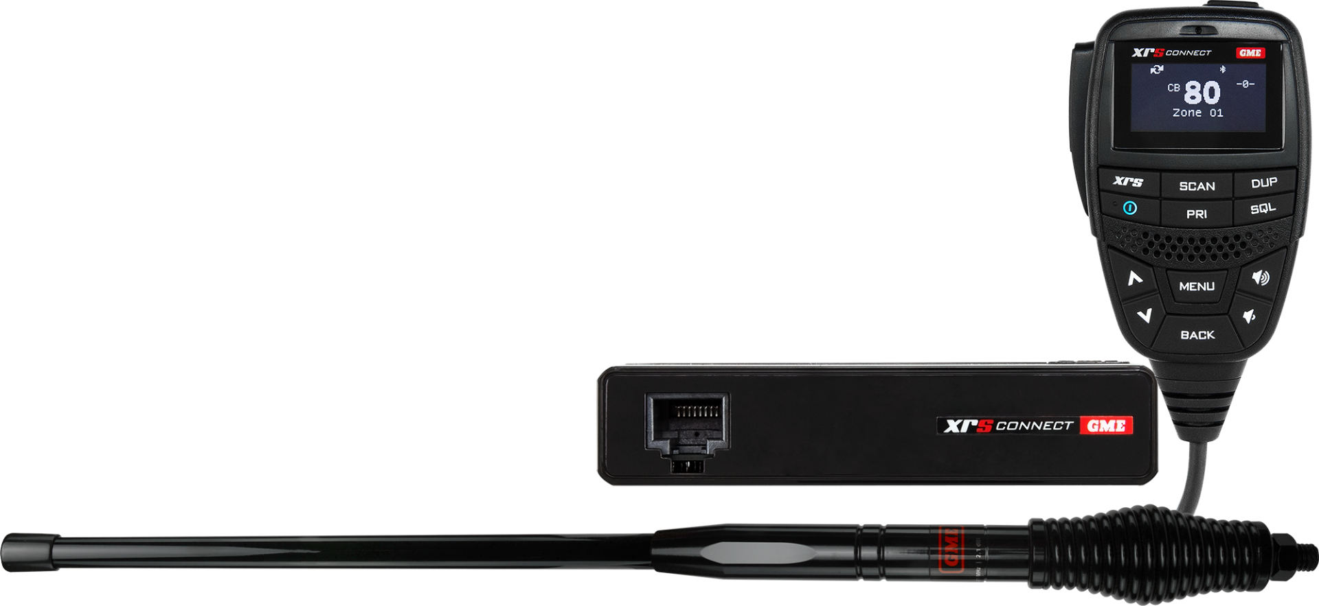 Black walkie-talkie with antenna on a white background