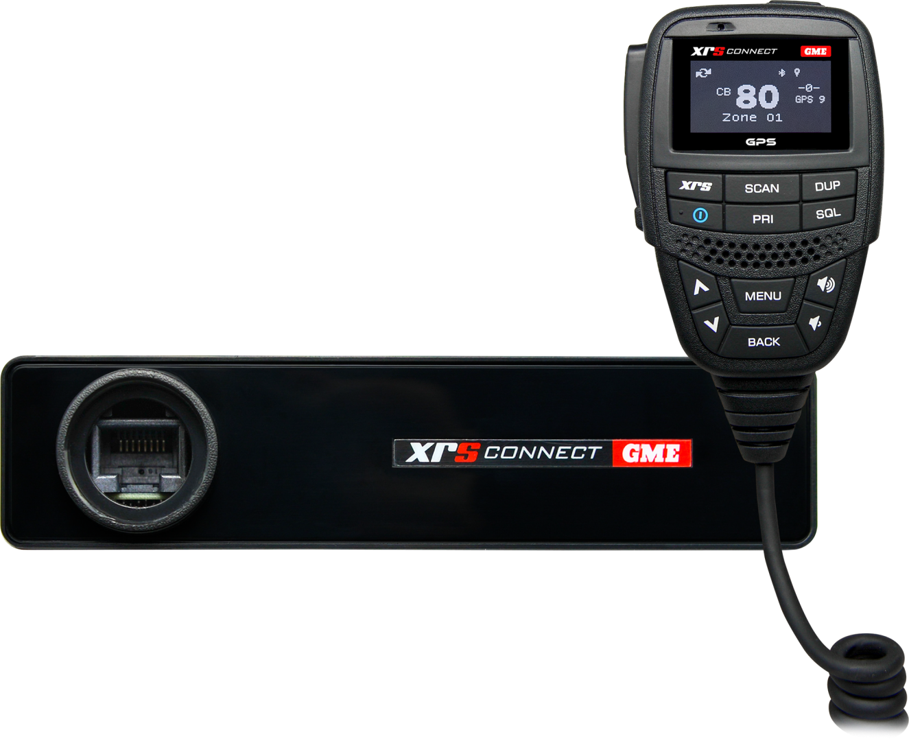 Black radio with digital display and microphone on a white background, featuring XPS Connect branding.