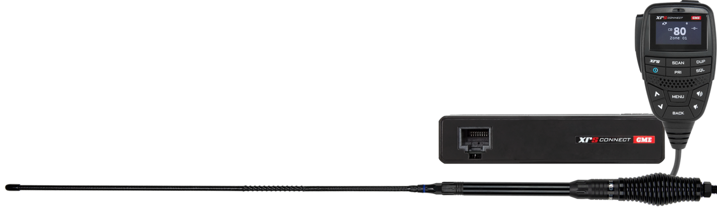 Two-way radio with antenna and power adapter on a white background