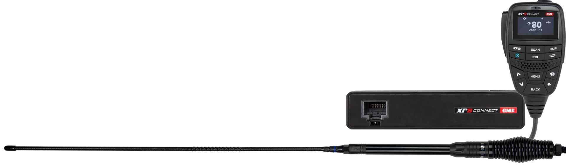 Two-way radio with antenna and power adapter on a white background