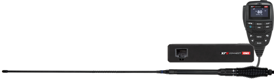Two-way radio with antenna and power adapter on a white background