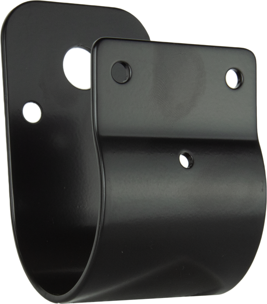 Two black metal brackets on a white background