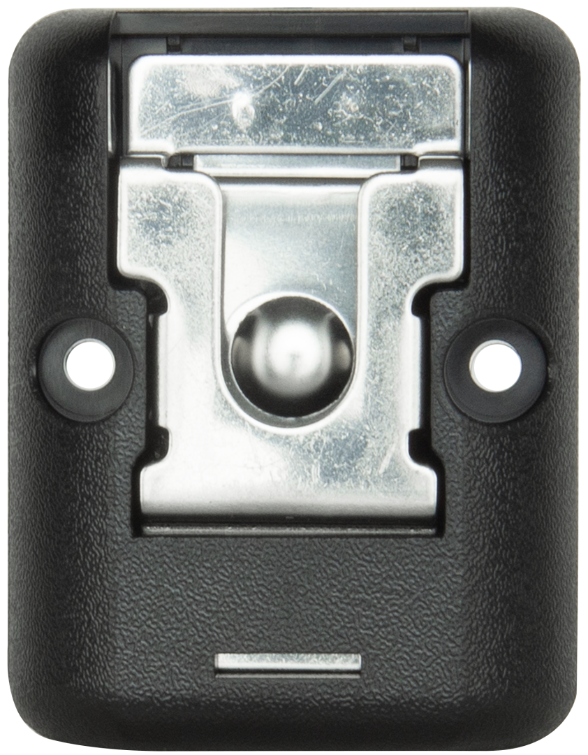 Black plastic housing with a metal component on a white background