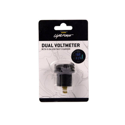 LIGHTFORCE DUAL VOLTMETER WITH 3.0AMP USB FAST CHARGER