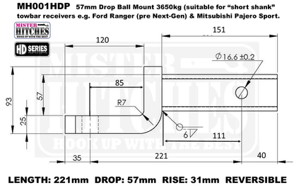 MISTER HITCHES BALL MOUNT H/DUTY 3650KG