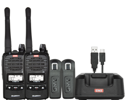 Two walkie-talkies with accessories on a white background