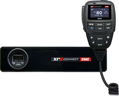 Black radio with digital display and microphone on a white background, featuring XPS Connect branding.