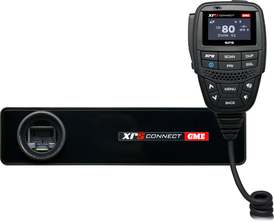 Black radio with digital display and microphone on a white background, featuring XPS Connect branding.