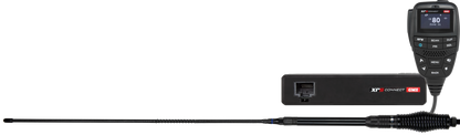 Two-way radio with antenna and power adapter on a white background