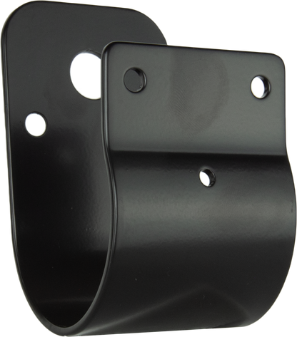 Two black metal brackets on a white background
