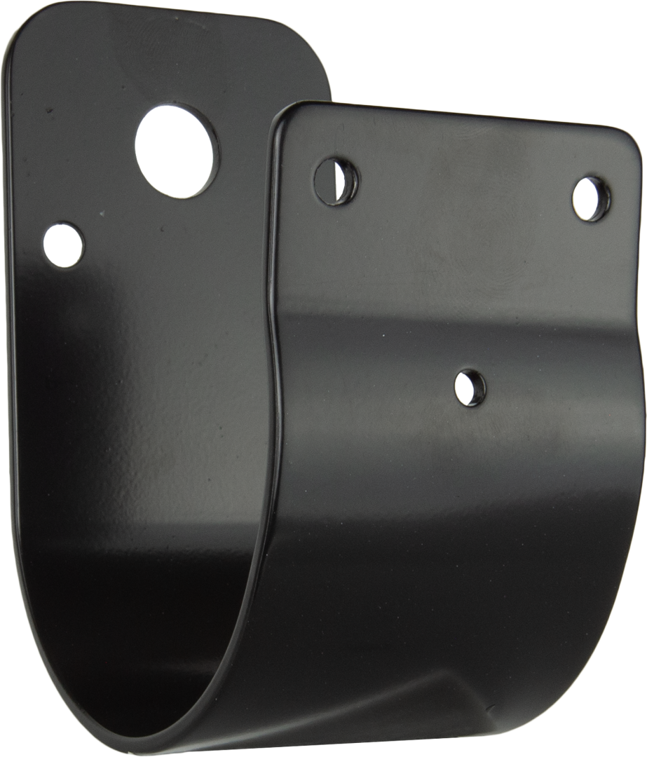 Two black metal brackets with holes on a white background