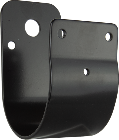 Two black metal brackets with holes on a white background