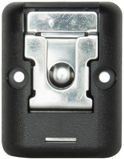 Black plastic housing with a metal component on a white background