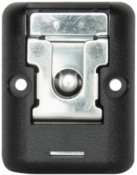 Black plastic housing with a metal component on a white background